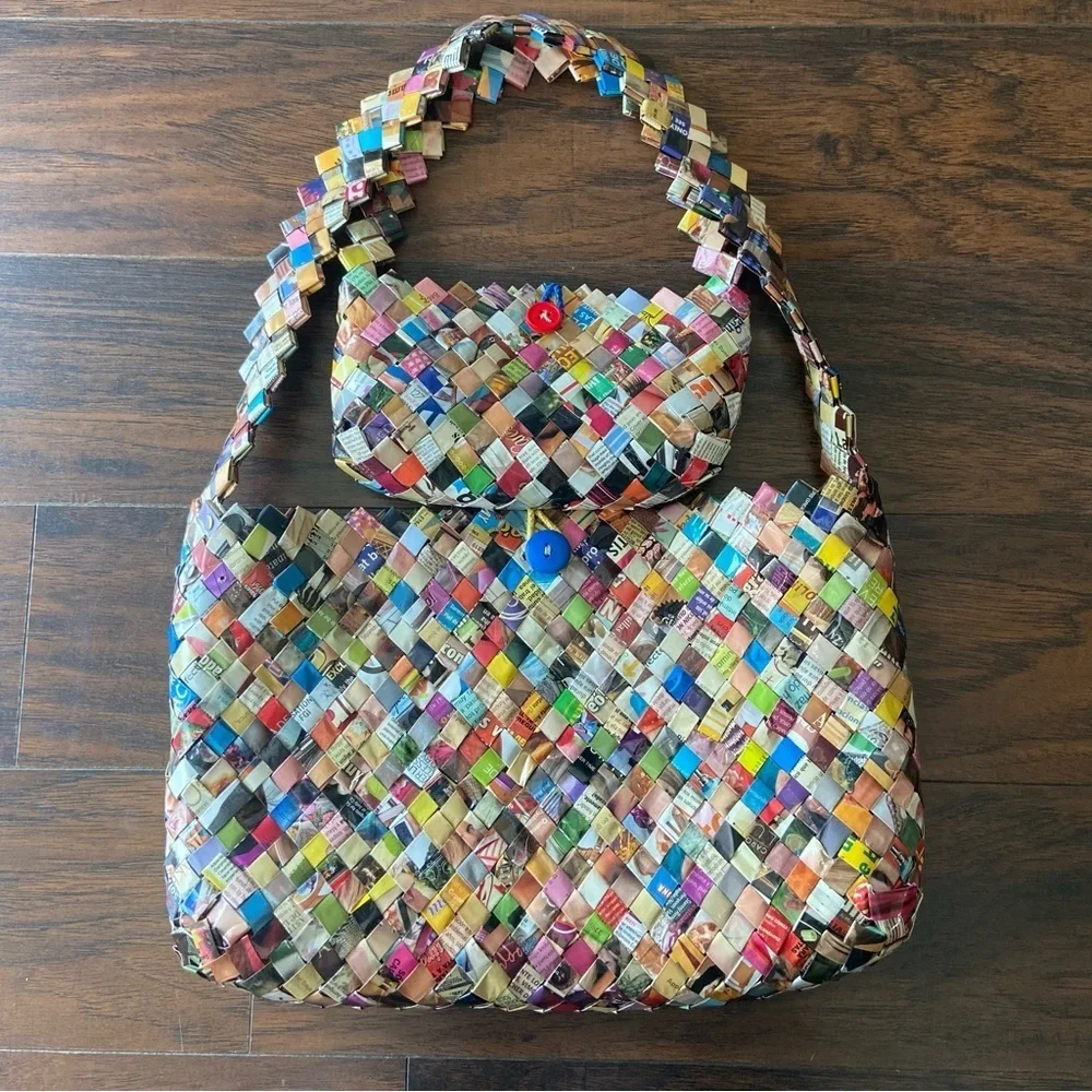 Two Recycled Colorful Woven Wrapper Bags- One Big & One Small Handbag - Picture 15 of 16
